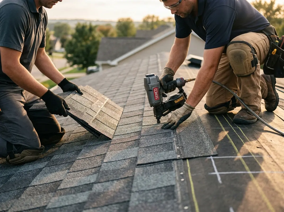 Professional roofer working on a residential roof in Stoneham